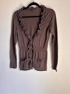 Cashmere/ Cotton Banana Republic Brown Ruffle-Front Button Cardigan Y2K 2000s